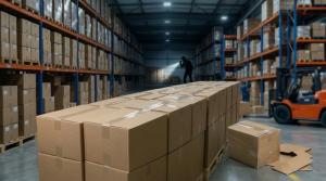 A shipment warehouse with a pallet of plain boxes in the foreground and a shadowy figure representing a thief in the background.