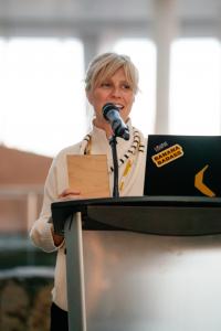 Roxanne Joyal speaking at the Fairtrade Canada conference in Winnipeg during a panel on human rights in Fairtrade supply chains.