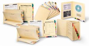 Assortment of custom manila file folders with colorful tabs, pockets, dividers, and expanding sections on a white background.