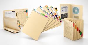Open and closed custom file folders with colorful tabs and indexed sections arranged on a white background.