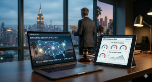 Tablet showing Credible Law MCA Intelligence Suite with factor rate gauge displaying 212% APR, daily cash flow chart, and daily burden analysis for merchant cash advance contracts.