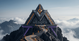 viLogics-branded mountain summit with a futuristic structure, orange and purple lighting, and a path leading upward through clouds.