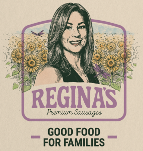 Regina's Premium Sausages Logo - Good Food For Families - Sketch of beautiful smiling warm woman with sunflowers and green field in background.