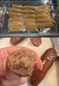 Vacuum sealed pack of sausages (top) and pieces of fresh onion & garlic in the swirl of the emulsion (bottom)