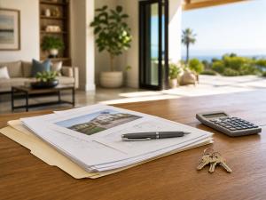 Real estate documents, a calculator, pen, and house keys rest on a wooden table in a bright, modern home, with a living room and open patio in the background.