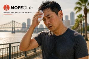 Male experiencing extreme heat and humidity outdoors in South Louisiana highlighting impact on hormones and metabolism