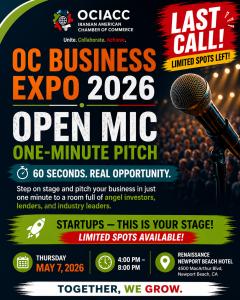 Startup founders presenting one-minute pitches to investors at the OC Business Expo 2026 in Newport Beach