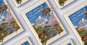 Multiple hardcover copies of Children of the Zagros by Shad Raouf Qaazi arranged diagonally on a light gray background, featuring a colorful illustrated mountain landscape cover.