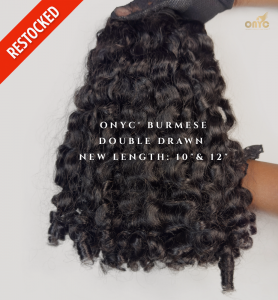 ONYC Natural Black Burmese Curly Human Hair Bundles showing double drawn curls in new 10 and 12 inch lengths for fuller curly hair extensions.