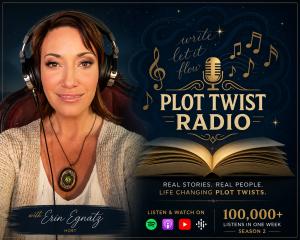 Erin Egnatz wearing headphones in a podcast studio setting, host of Plot Twist Radio, a storytelling interview podcast featuring real-life turning points and conversations across entertainment, music, and media.