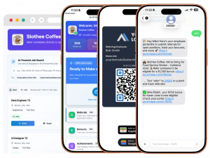 Mobile screens showing ERIN employee referral platform with job listings, referral dashboard, QR code sharing, and SMS-based referral and bonus notifications