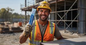 Smiling construction worker in hard hat and safety vest holding a Hydrafreeze Electrolyte Freezer Pop on a jobsite
