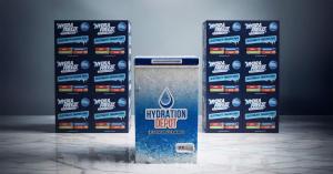 Hydration Depot Exclusive Freezer Bundle showing a compact jobsite freezer surrounded by stacked cases of Hydrafreeze Electrolyte Freezer Pops