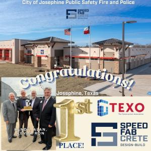 TEXO Distinguished Building Award, First Place, Category Design-Build 1 ($9.1M) for the City of Josephine Public Safety Building (Fire/Police), awarded on April 23, 2026.