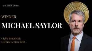  Michael Saylor winner graphic for the 2026 Satos Awards Global Leadership and Lifetime Achievement categories, awarded by the Bitcoin community through open voting.