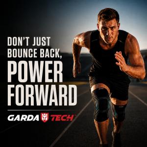 Athlete sprinting on a track wearing Garda Tech knee sleeves, with text reading “Don’t just bounce back, power forward” and the Garda Tech logo.