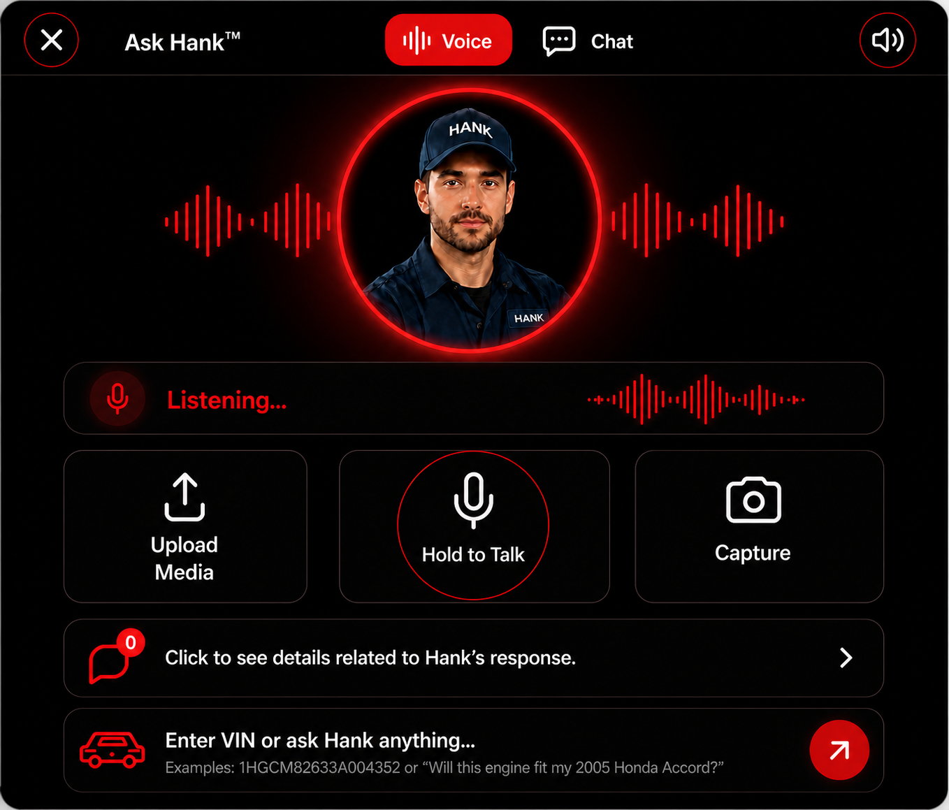 Ask Hank AI voice interface showing a mechanic assistant listening to a user query with real-time voice interaction and options to upload media, capture images, or enter vehicle details.