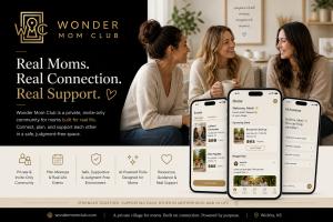 Wonder Mom Club app interface and branding showing a private mom community platform with AI-powered tools for parenting, real-life meetups, and support for modern motherhood.
