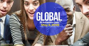 Global AI Adoption Day™ May 6, 2026 graphic showing diverse professionals engaging with technology, representing a people-first global AI observance across five regions