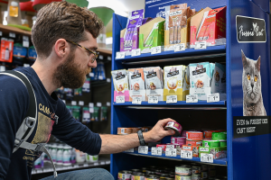 Cat parent shopping for Fussie Cat at Petco holding cat wet food can