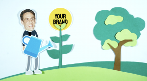 Illustration of Evan White watering a flower labeled “Your Brand,” representing how earned media, podcasts, events, and AI search visibility help modern brands grow and get discovered online.