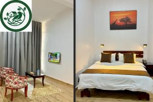 A split-view image of a hotel room at Aya Sophia Wildlife Resort, with a logo in the top-left. The left side shows a living area with two floral armchairs, a coffee table, and a wall-mounted TV with an IPTV screen. The right side displays a bedroom with a