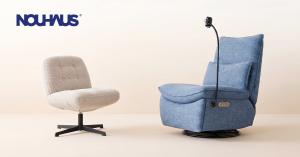 Two Nouhaus chairs: light Balloon Chair with tufted seat on the left, blue Snooze Modern Power Recliner on the right. Both feature swivel bases and a sleek modern design for home interiors.
