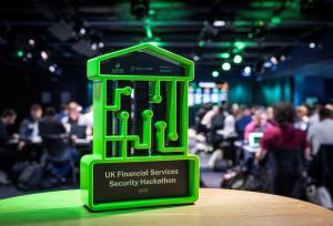 Image shows the trophy from UK Financial Services Security Hackathon with the hosts Lloyds Banking Group, Hack The Box and Google Cloud Security