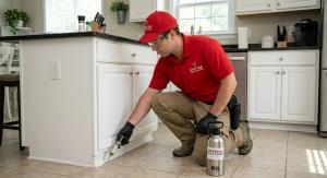 A Universal Pest & Termite technician treating for ants in a home in Chesapeake.