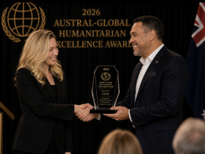 Lily Jay honored with the 2026 Austral-Global Excellence Award for her leadership in humanitarian relief and the TeamGaza initiative.