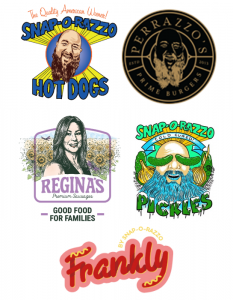 Collection of logos of Snap-O-Razzo product suite, including pickles, burgers, sausages, and hot dogs