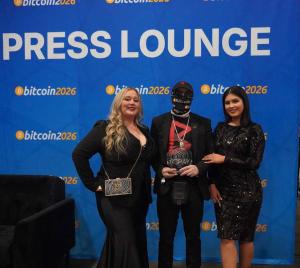 Heather Richmond presenting the 2026 Satos Award to Uncle Rockstar of BTCPay Server, winner of the Infrastructure and Financial Infrastructure categories at the 2026 Satos Awards during Bitcoin Conference week in Las Vegas.