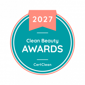 Clean Beauty Awards 2027 official badge by CertClean featuring a teal circular design with coral accents and white text
