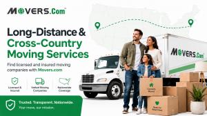Promotional image for Movers.com showing a family, moving truck, and long-distance moving services across the U.S.