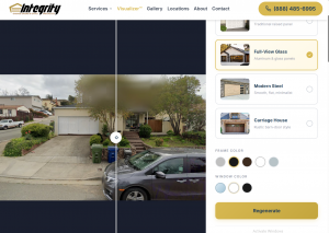 AI garage door visualizer showing a Bay Area home in before-and-after split view with a new full-view glass garage door rendered on the actual home photo