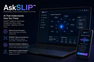 A dark, futuristic interface displaying the AskSLIP™ platform on a laptop and smartphone, featuring a connected thought graph, insights panel, and real-time processing of user input into structured ideas, tasks, and context.