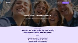 A screenshot of the "Moments by Studio AI" web interface. The top section features a heartwarming photo of four smiling people outdoors with the text "Mom's Great Outdoor Adventure" layered over it. Below, a lavender-colored section displays the heading "
