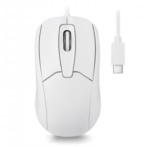 White wired USB Type-C mouse with scroll wheel, minimalist design for office and clean work environments