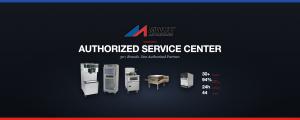 Wide-format Middleby Advantage Authorized Service Center banner on a dark navy background featuring the Middleby Advantage logo, the tagline "30+ Brands. One Authorized Partner," and five commercial foodservice equipment units: a Taylor soft serve machine