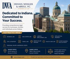 Dennis, Wenger & Abrell full-service Indiana law firm promotional graphic featuring legal practice areas and Indiana offices
