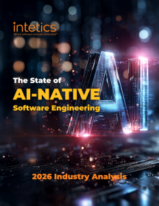Cover of the Intetics 2026 industry report on AI-native software engineering — 95-page analysis covering SDLC, SDD, BMAD, AI toolchains, and the AI Conductor role.
