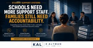 Graphic showing a parent facing school administrators with bold text about accountability in student support systems.