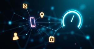 Abstract identity graph network connecting a phone number to name, address, email, and activity score.