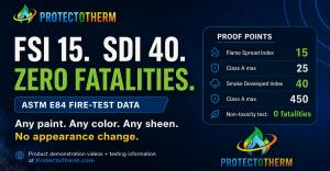 ProtectoTherm ASTM E84 fire-test data graphic showing FSI 15, SDI 40, and zero fatalities in non-toxicity testing.