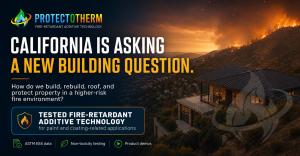 ProtectoTherm California wildfire resilience graphic showing a home near a fire-risk hillside and structure-hardening messaging
