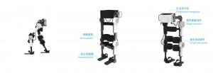 UGO220 lower-limb exoskeleton shown from multiple angles with labels for servo system, pressure sensor, ID recognition, weight reduction, and adjustable leg length.