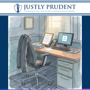 Illustration of a vacated office cubicle: a coat draped over an empty desk chair, an unattended phone, scattered papers, and a computer monitor displaying a login screen.