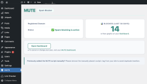 MUTE Spam Blocker WordPress plugin screen showing spam blocking is active with 14 bots blocked