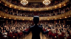 Film still from El día que me quieras: El Viaje de Gardel, showing a stop-motion-inspired animated performer seen from behind on a theater stage, facing a large applauding audience in an ornate concert hall.