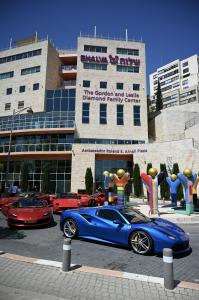 vibrant blue Ferrari arrives at the entrance of the Gordon and Leslie Diamond Family Center at Shalva. The center's colorful signature sculptures stand in the foreground, highlighting the organization's mission of welcoming and empowering people of all a